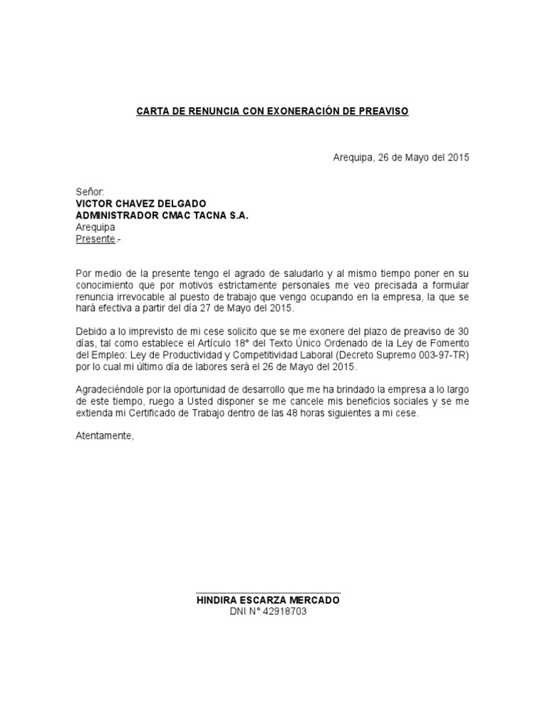 Modelo para CARTA DE RENUNCIA 2015  PDF
