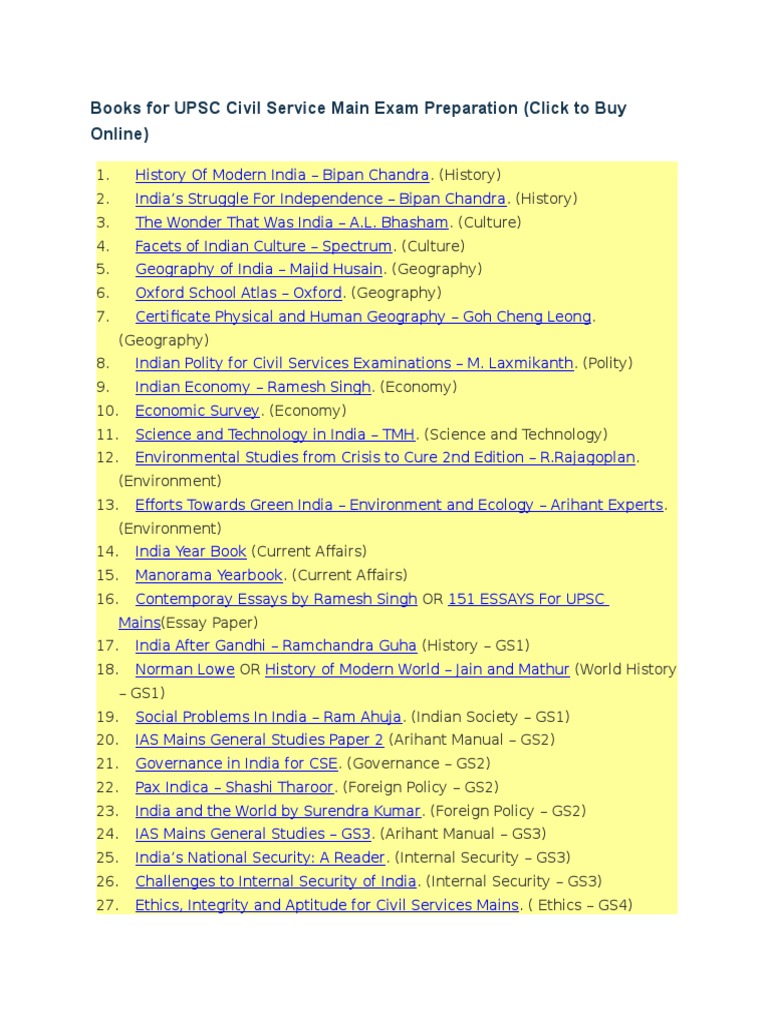 UPSC Mains Exam Prep Book List | PDF