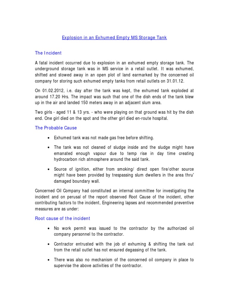 Explosion in An Exhumed Empty MS Storage Tank | PDF | Explosion | Safety