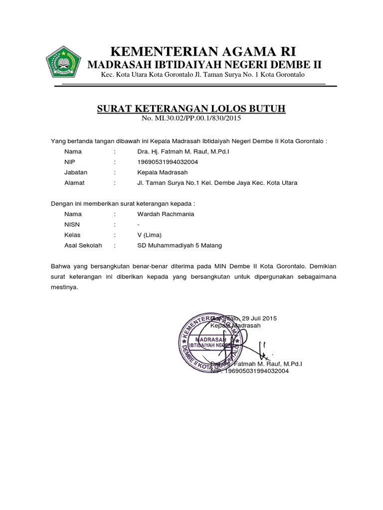 Surat Lolos Butuh Pdf Pdf