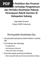 Download Pengaruh Pelatihan dan Promosi Kesehatan terhadap Pengetahuan dan Perilaku Kesehatan Pekerja Perempuan Pabrik Garmen di Kabupaten Subang  by Gerakan Kesehatan Ibu dan Anak SN276460891 doc pdf
