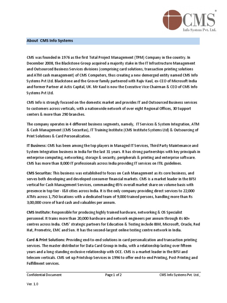CMS Info Systems Pvt. Ltd. Overview | PDF | It Service Management ...