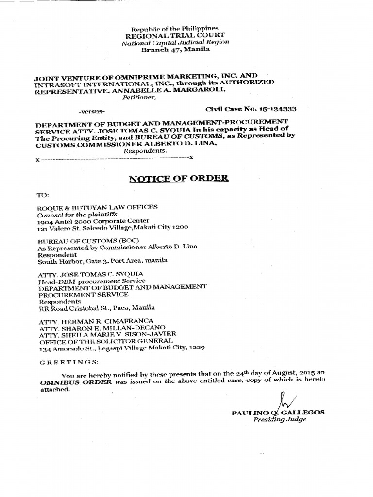 Manila RTC Order Halts Cancellation of BOC Computerization Project | PDF