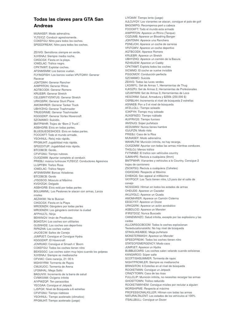 Todas Las Claves Para GTA San Andreas Ocio Deportes
