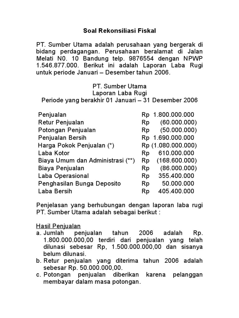 Contoh Soal Dan Jawaban Rekonsiliasi Fiskal