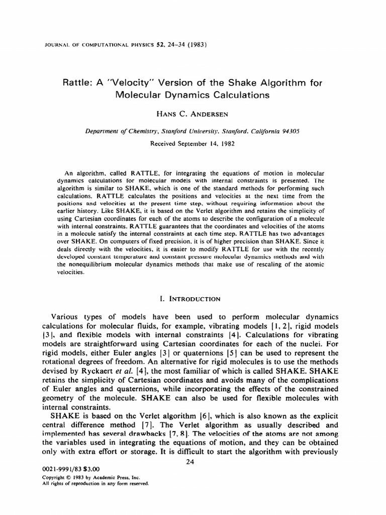 Rattle: A Velocity Version of The Shake Algorithm For Molecular ...