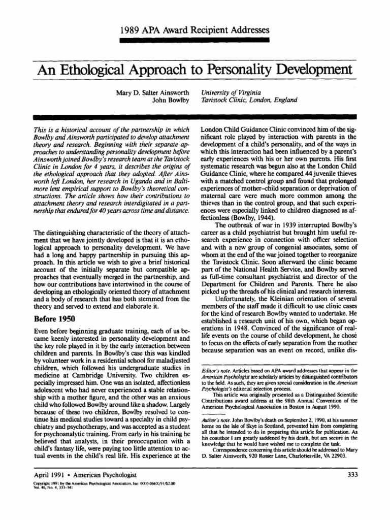 Ainsworth.bowlby.1 Attachment Theory Developmental Psychology