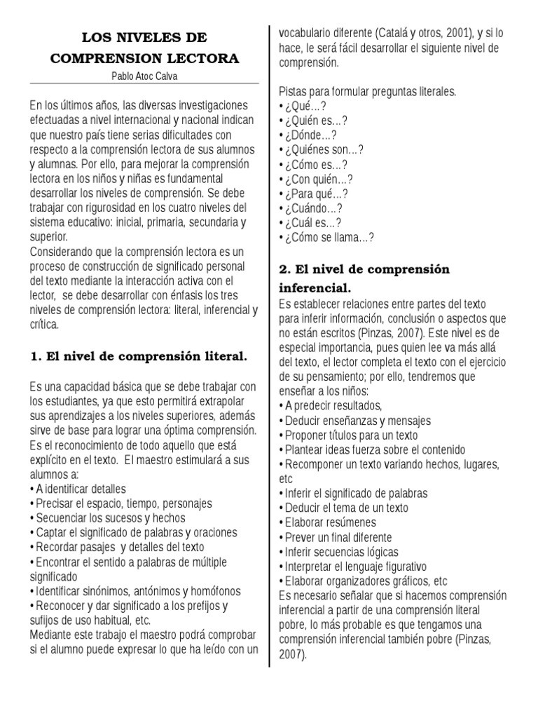 Niveles de Comprensión Lectora en Educación | PDF | Comprensión lectora ...