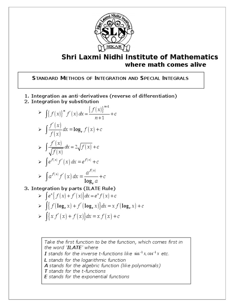Standard Methods Of Integration And Special Integrals