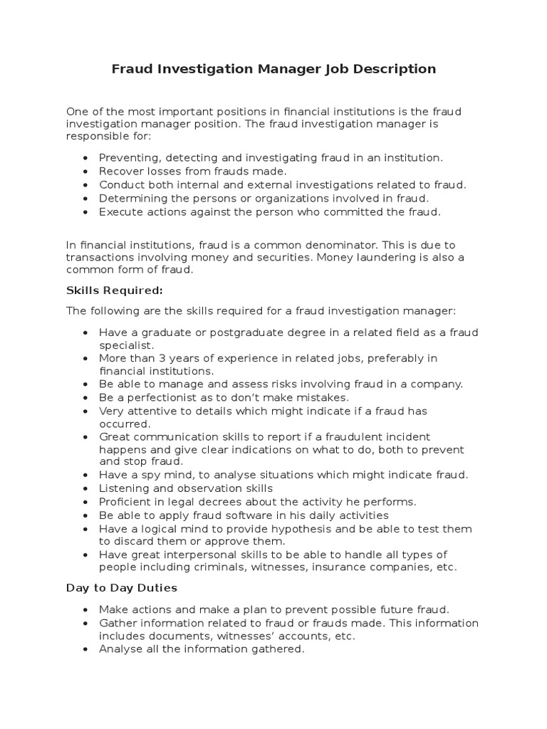 Fraud Investigation Manager Job Description Skills Required PDF Fraud Money Laundering