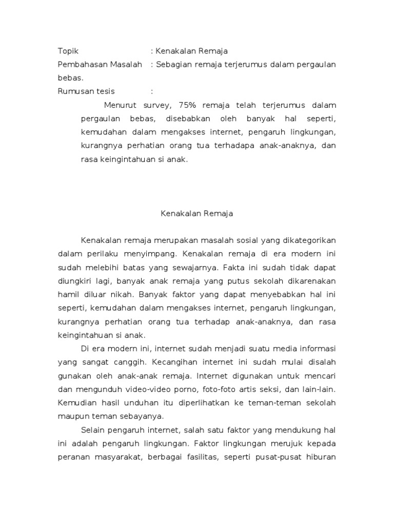 Topik Pembahasan Masalah Bebas. Rumusan Tesis Pergaulan