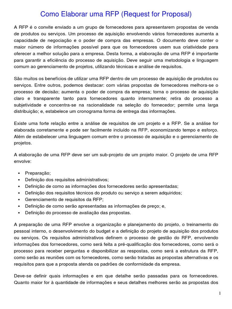 Como Elaborar Uma RFP | PDF | Acordo de Nível de Serviço (SLA) | Programas