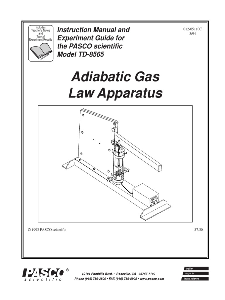 Adiabatic Gas Law Apparatus Manual TD 8565 PDF Gases Temperature