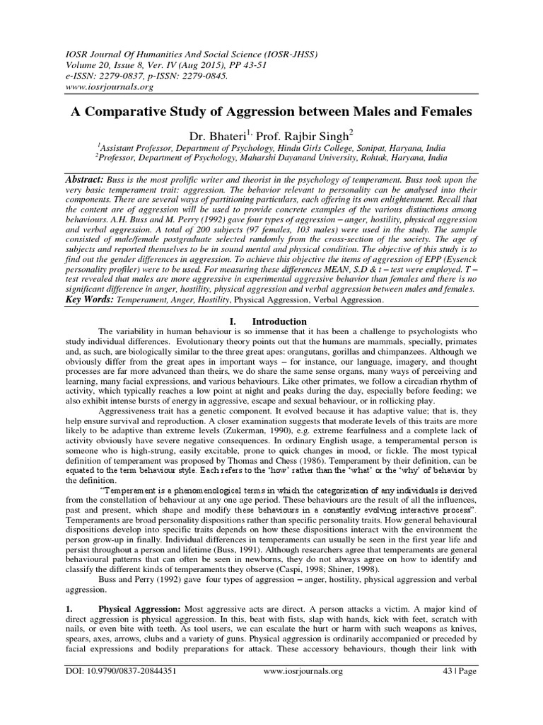 A Comparative Study of Aggression Between Males and Females | PDF ...