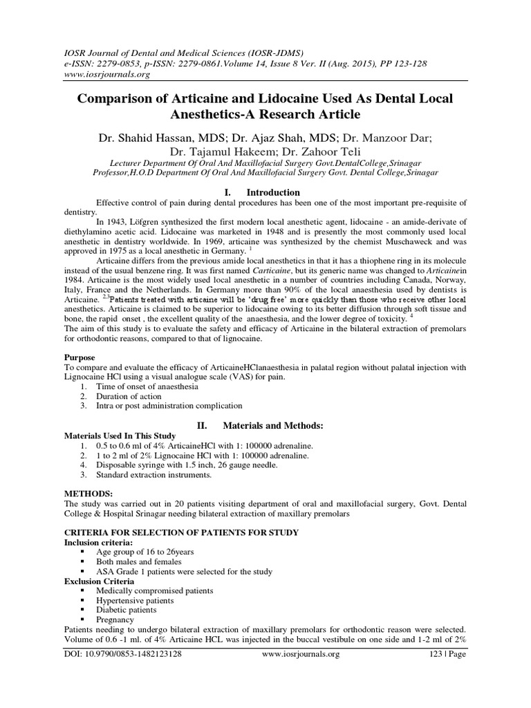 Comparison of Articaine and Lidocaine Used As Dental Local Anesthetics