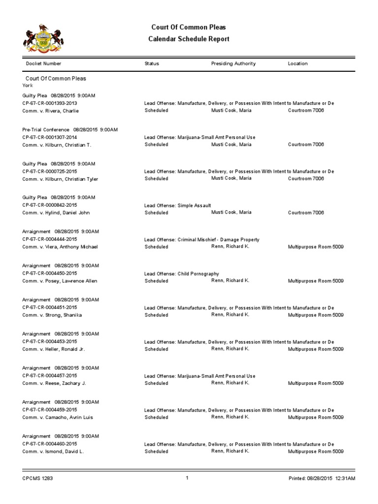 York County Court Schedule For 8 28 15