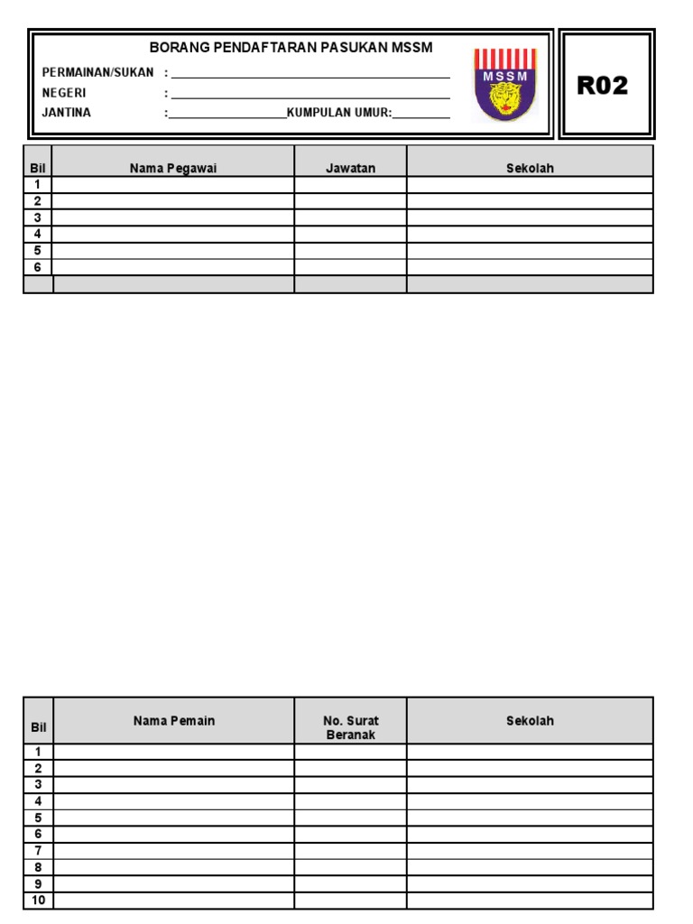 Borang Pendaftaran Pasukan Mssm