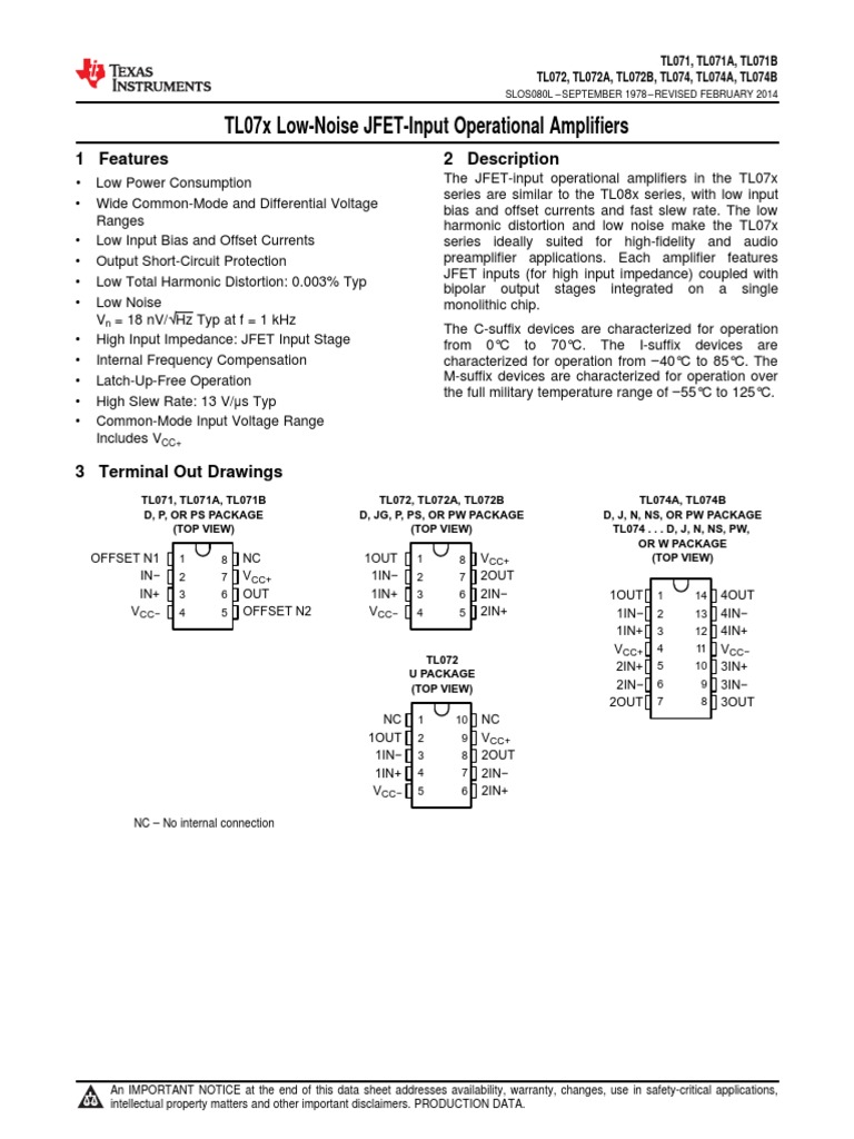 TL 071 | PDF | Amplifier | Operational Amplifier