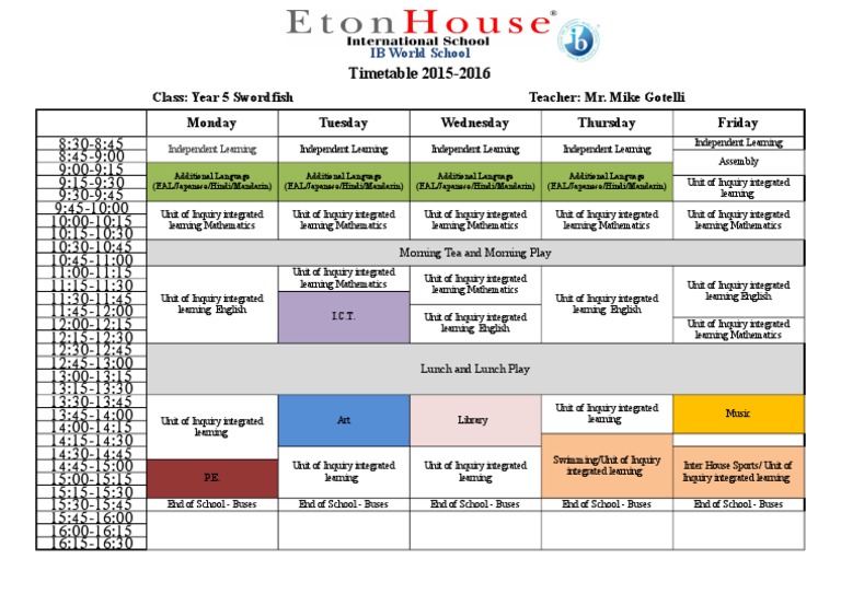 Timetable Primary Y5 Swordfish 2015 - 16 Final | PDF | Travel