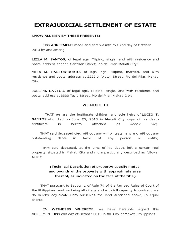 Extrajudicial Settlement Of Estate Extrajudicial Settlement Of Estate
