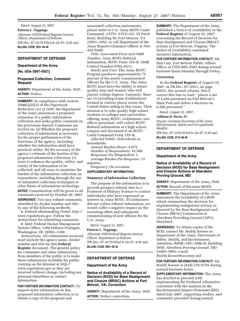 DA Form 4179 Information Collection Notice | PDF