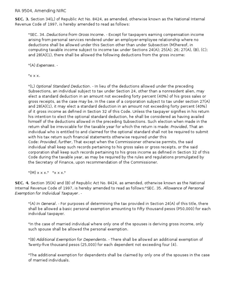 Amendments to NIRC Section 34 & 35 | PDF | Tax Deduction | Gross Income