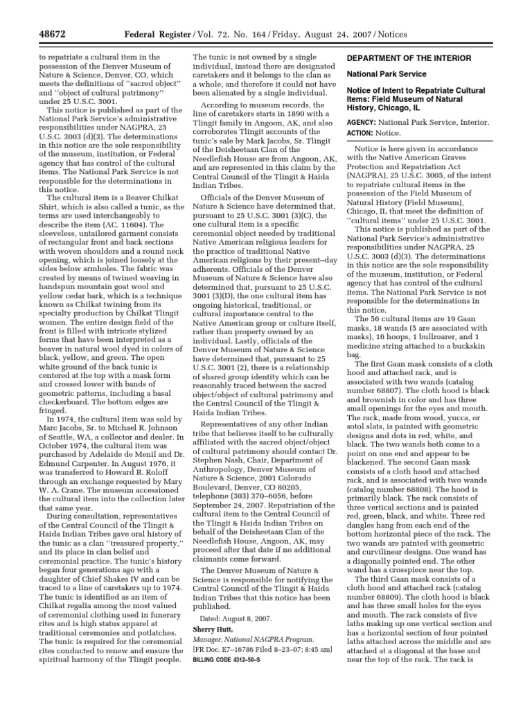 Notice Native American Human Remains, Funerary Objects Inventory