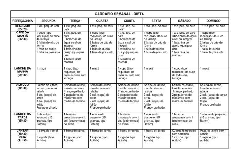 Cardápio Semanal - Dieta