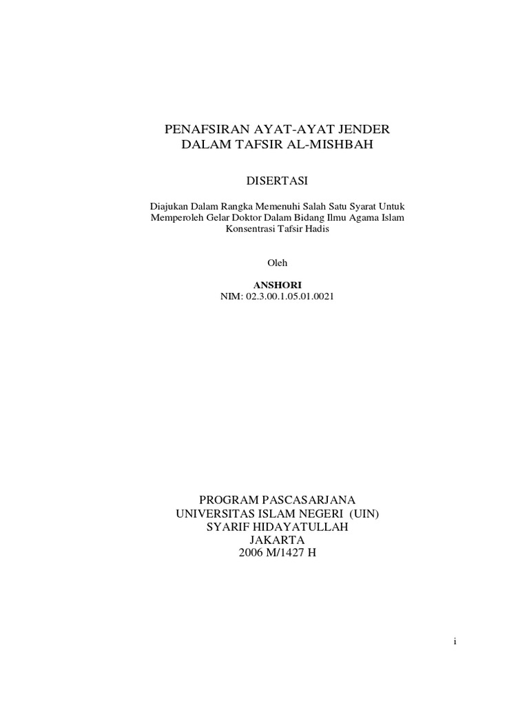 Anshori Penafsiran Ayat Ayat Jender Dalam Tafsir Al Misbah Pdf Pdf