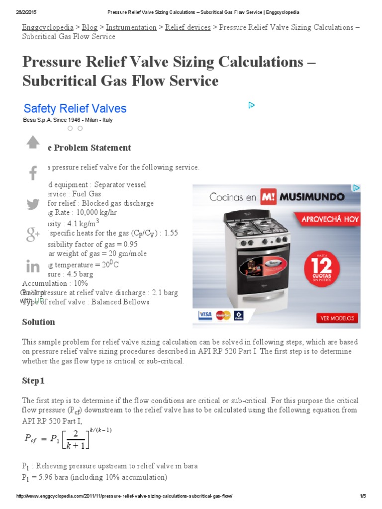 Pressure Relief Valve Sizing Calculations Subcritical Gas Flow