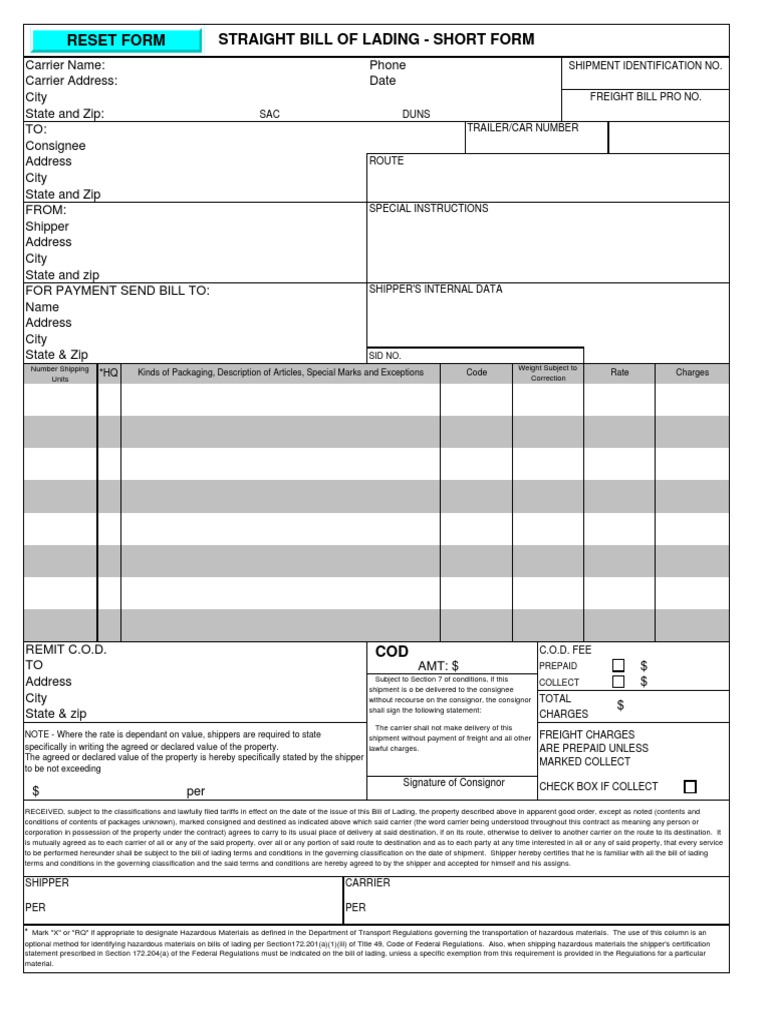 straight bill of lading short form 2 | pdf | cargo | bill of lading