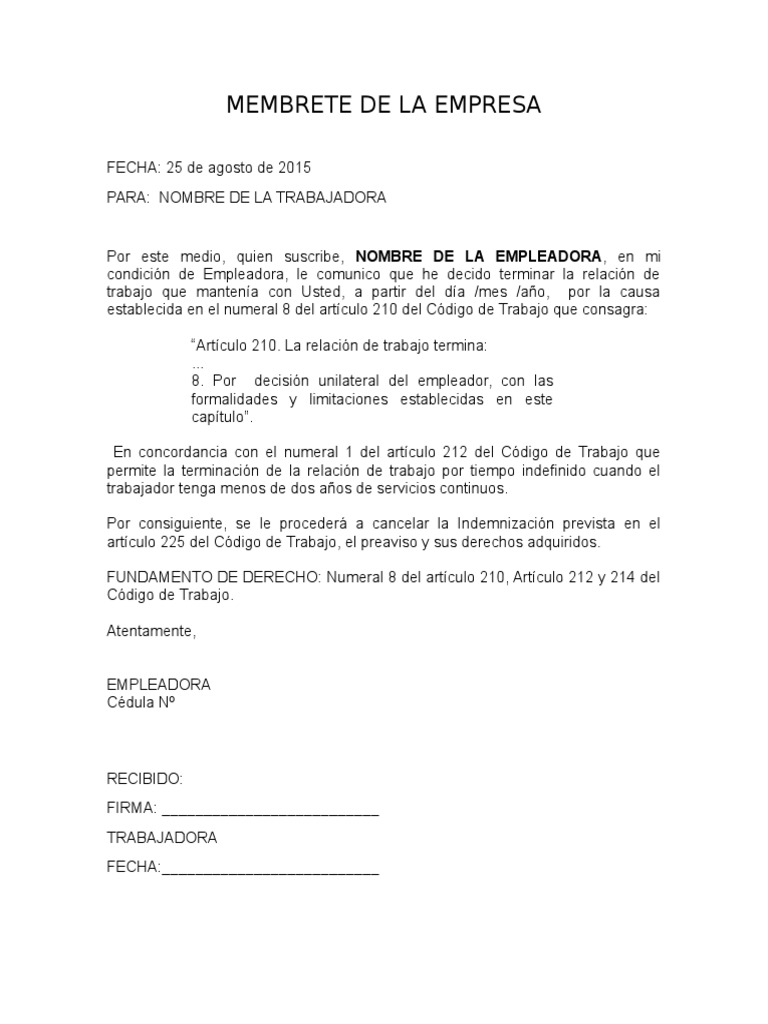 Modelo de Carta de Terminación de la Relación de trabajo