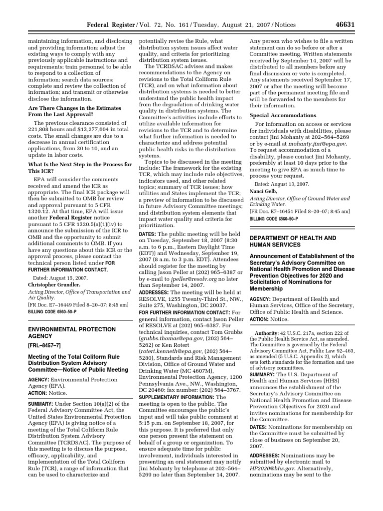 Notice: Meetings: Total Coliform Rule Distribution System Advisory ...