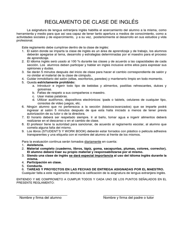 Reglamento de Clase de Ingles Idioma en Inglés Aprendizaje Prueba