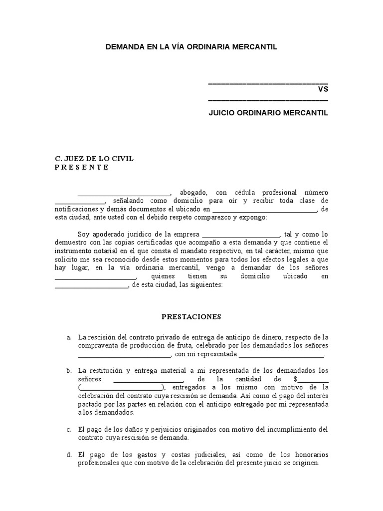 Demanda Ordinaria Mercantil PEÑA | PDF | Demanda judicial | Pagos