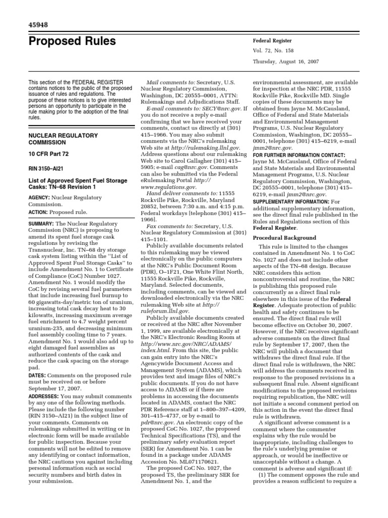 Proposed Rule Spent Nuclear Fuel and HighLevel Radioactive Waste