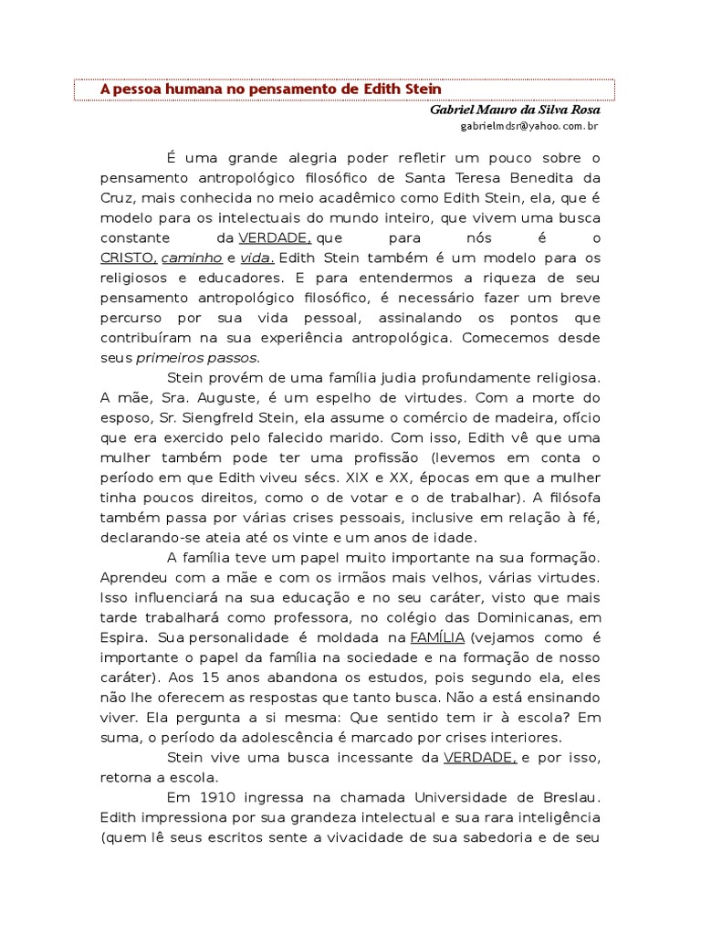 A Pessoa Humana No Pensamento de Edith Stein | PDF | Fenomenologia ...