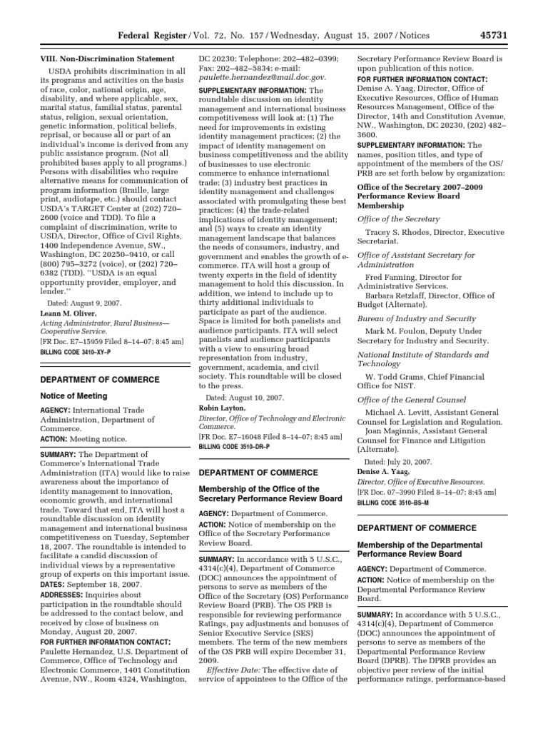 Notice Senior Executive Service Performance Review Board; membership United States Department