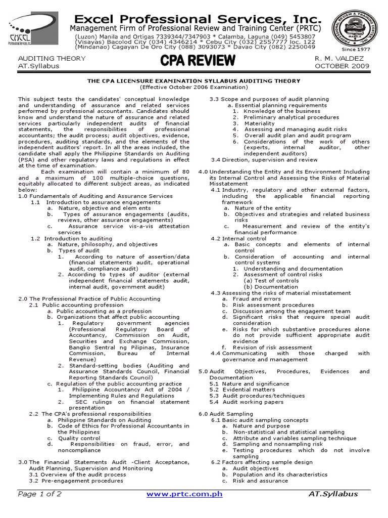 CPA Auditing Theory Syllabus | PDF | Financial Audit | Audit