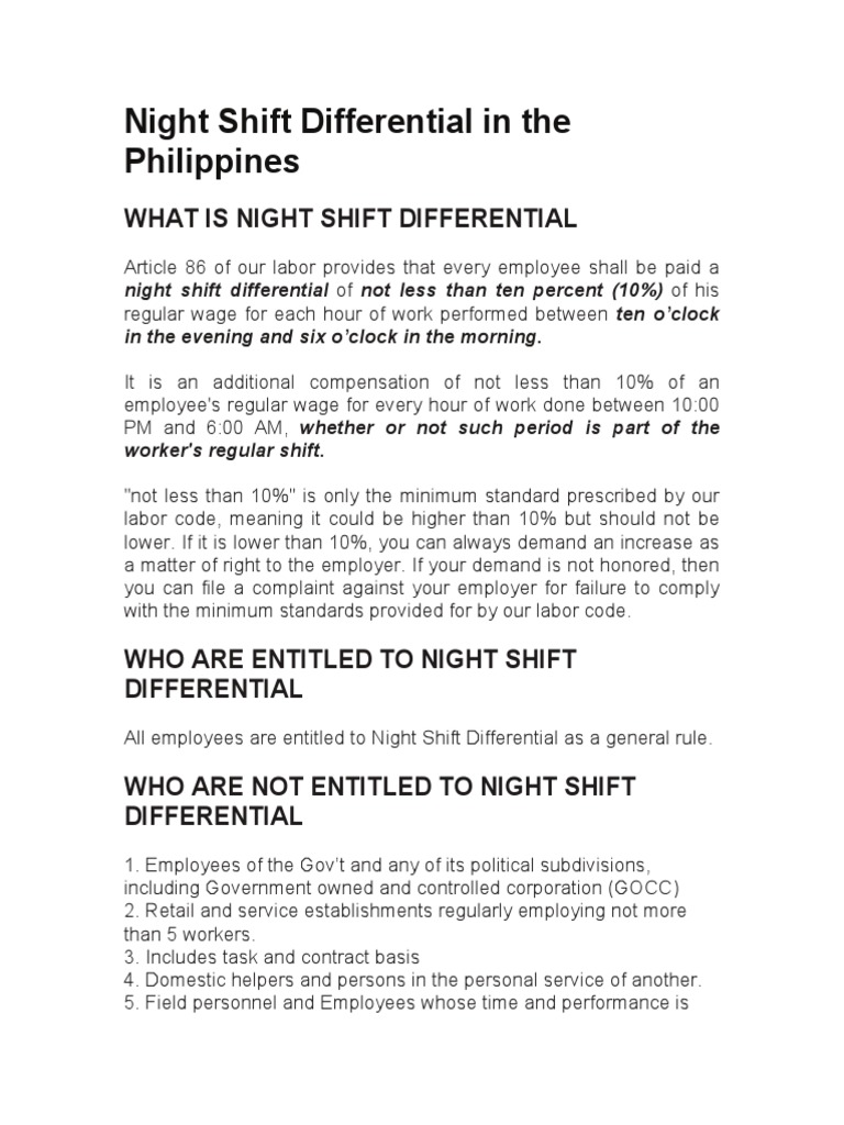Night Shift Differential in the Philippines Shift Work Overtime