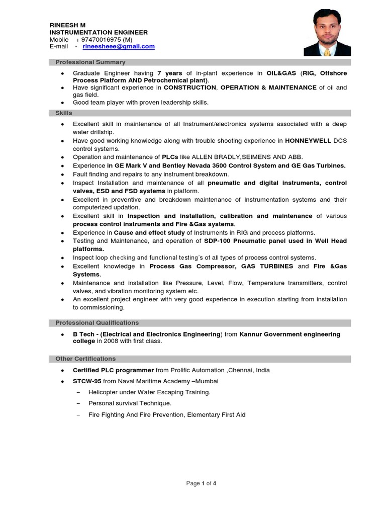 Instrumentation Engineer CV Rineesh M | PDF | Instrumentation | Control ...