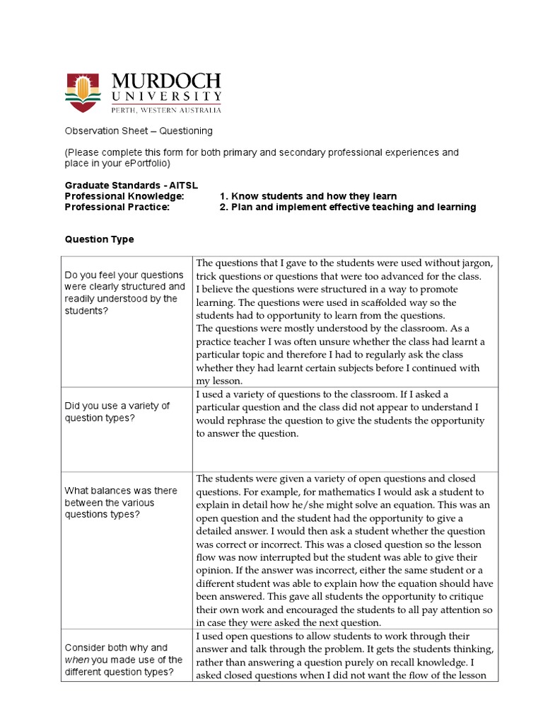 Observation Primary | PDF | Lesson Plan | Question