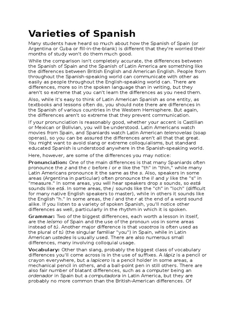Varieties of Spanish PDF Spanish Language English Language