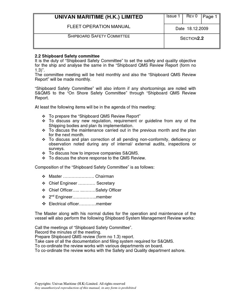 Univan Maritime (H.K.) Limited: Fleet Operation Manual S S C S | PDF