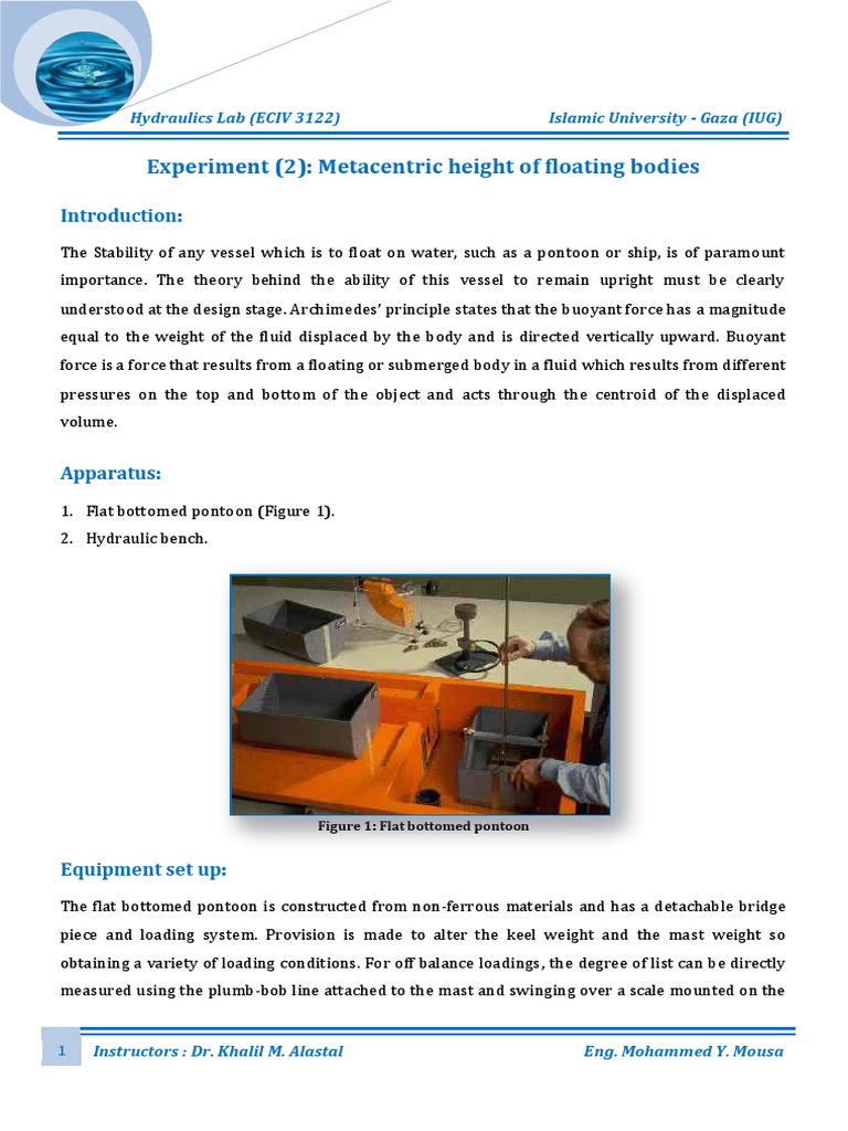Experiment (2) Metacentric Height of Floating Bodies Hydraulics Lab
