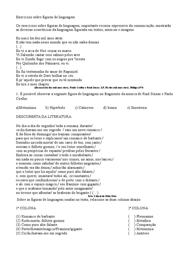 Quiz De Perguntas Sobre Figuras De Linguagem