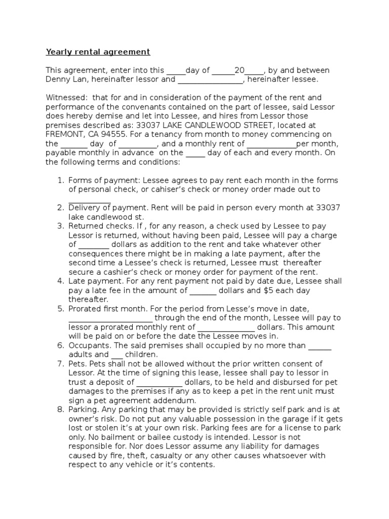 Yearly Rental Agreement Lease Renting