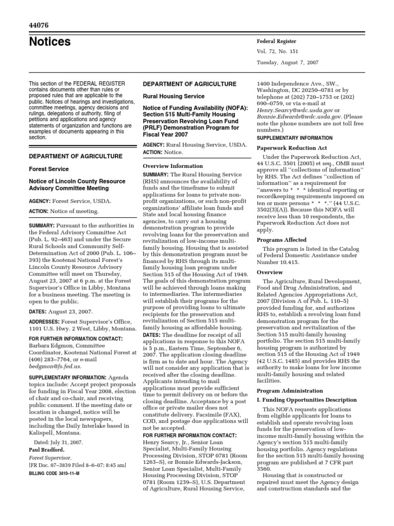 Notice Grants and Cooperative Agreements Availability, Etc. Section 515 MultiFamily Housing