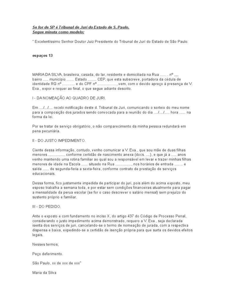 Modelo de Carta de Dispensa de Convocação à Juri Popular