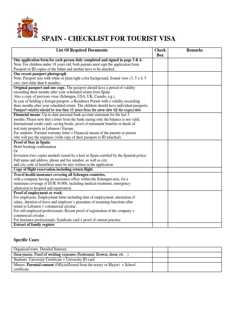 Spain Checklist For Tourist Visa List of Required Documents Check